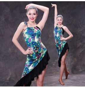 Green rose floral printed spandex strap backless irregular ruffles black hem women's ladies female competition performance professional ballroom latin salsa dance dresses outfits